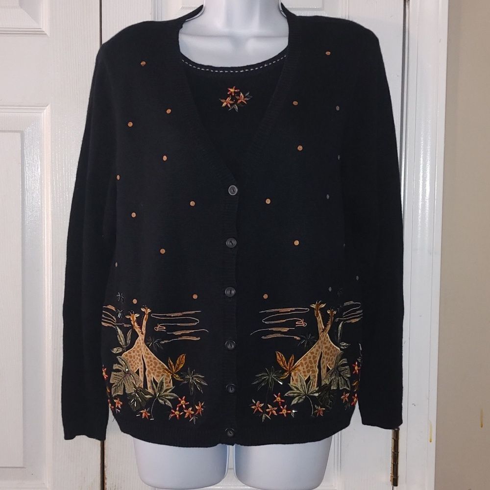 Alfred Dunner Petite 2 in 1 giraffe jungle black tan cardigan sweater combo Sz M